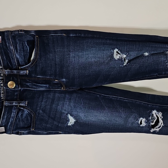 American Eagle360 Super Stretch Size 00 Distressed Dark Wash High Rise Jeggings - Picture 2 of 8